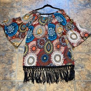 Emma rose fall color bell sleeve dress with black fringe trim